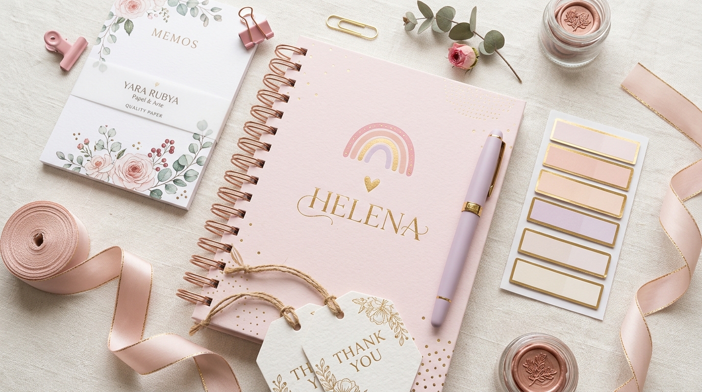Mesa de trabalho de papelaria fina Yara Rubya com planner Helena, cadernos, fitas e tags